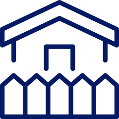 Outline icon of a house with a fenced yard, representing backyard luxury and outdoor living solutions