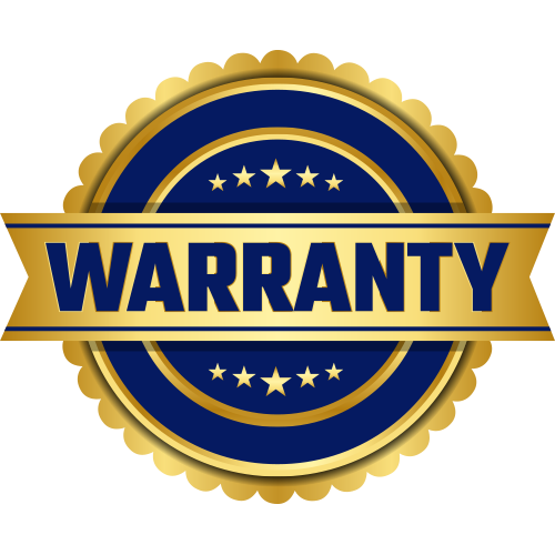 Gold and blue warranty badge with stars, symbolizing product guarantee and reliability.