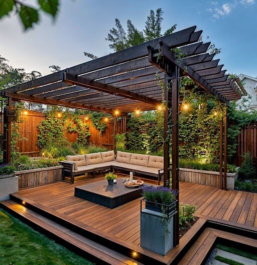Modern wooden deck with pergola, string lights, built-in sectional seating, and lush garden landscaping